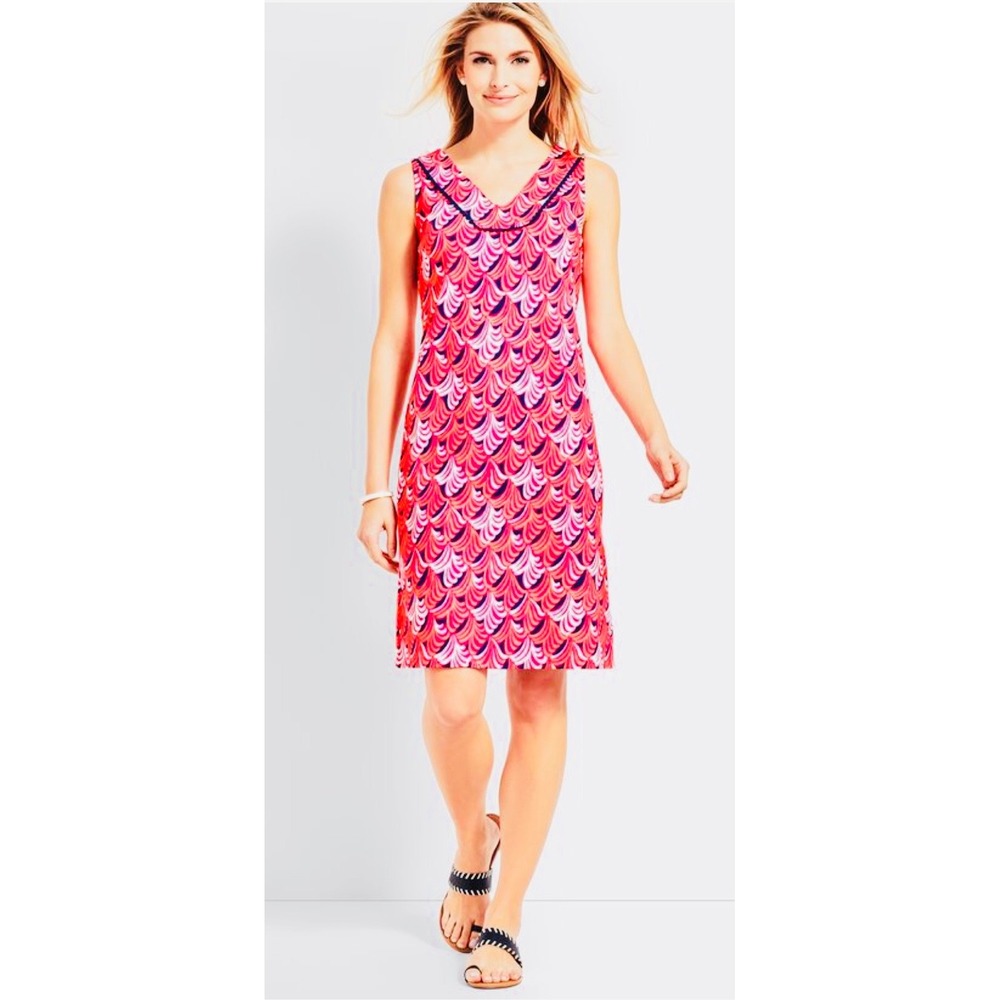 Talbots Womens Small Pink Orange Scallop Shell Print Cotton V-Neck Shift Dress